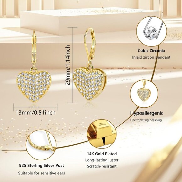 14K Gold Plated Heart Waterdrop Leverback Hypoallergenic Earring for Women - Picture 3 of 8